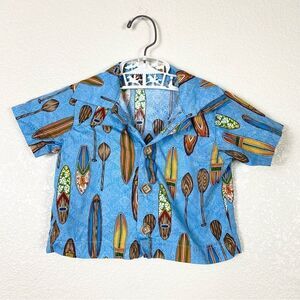 Little Boy’s Blue Surf Board Paddle Board Hawaiian Shirt
